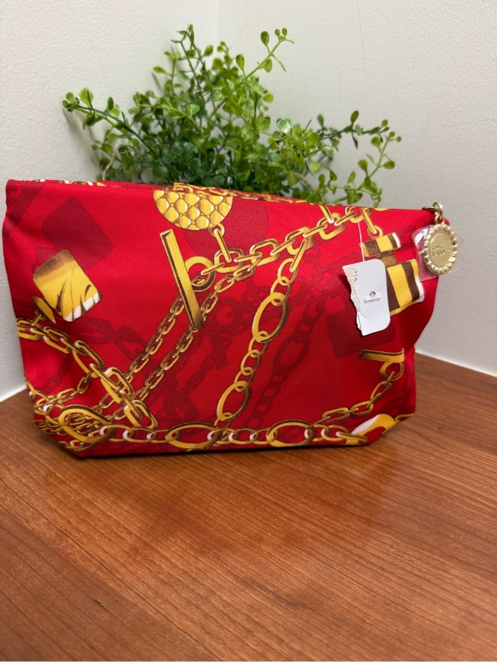 Estee Lauder Red Cosmetic Pouch with Gold Chain Print